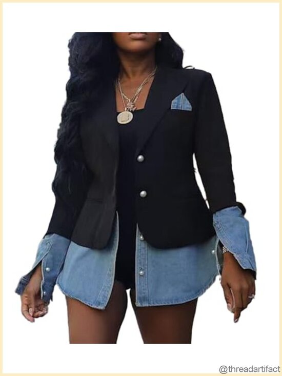 Jackets & Blazers - Women's Denim Blazer Jacket Long Sleeve Notched Lapel Oversized Casual Coat